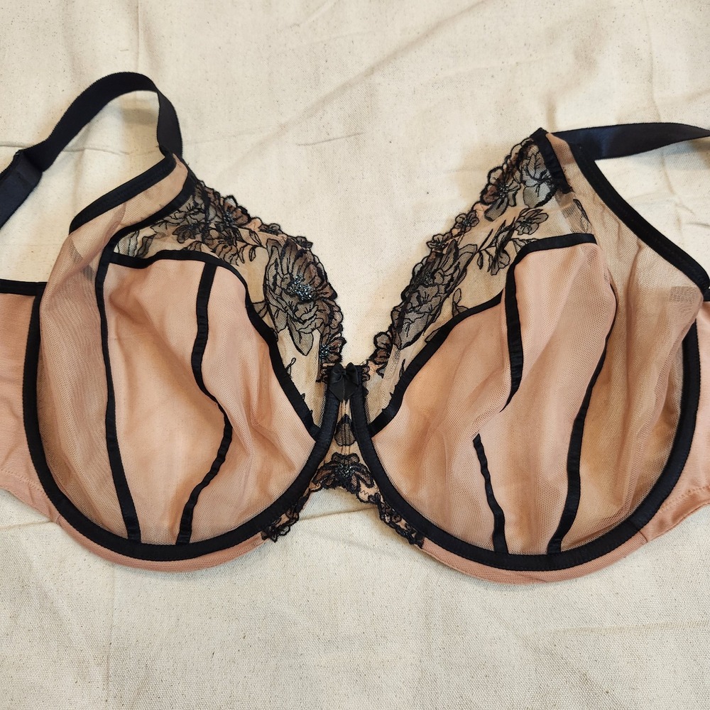 Elomi Teagan Plunge Bra Cafe Au Lait Sheer Beige Mesh Black Underwire 38JJ 38N